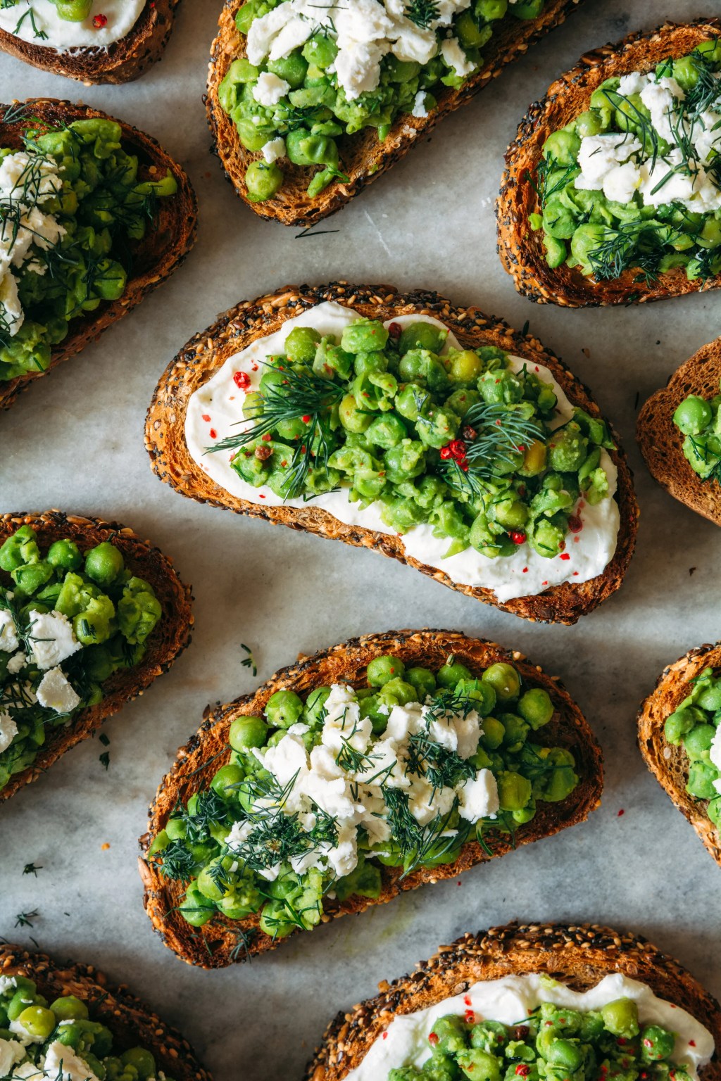 Pea and goat cheese&nbsp;crostini