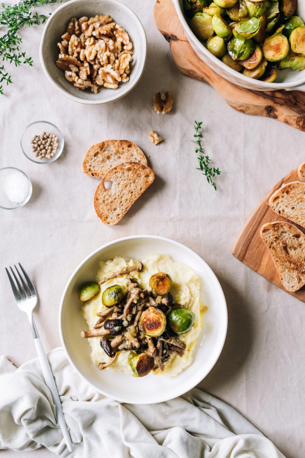 Mashed potatoes with mushrooms and brussels&nbsp;sprouts
